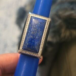 Rectangular Silver Ring with Blue Stone Size 8.25 Stamped 925 But Not Tested